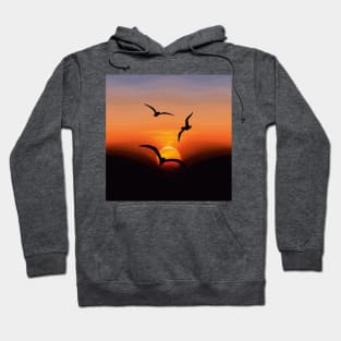 Flock of Birds Silhouette Against a Sunset, Landscape Digital Illustration Hoodie